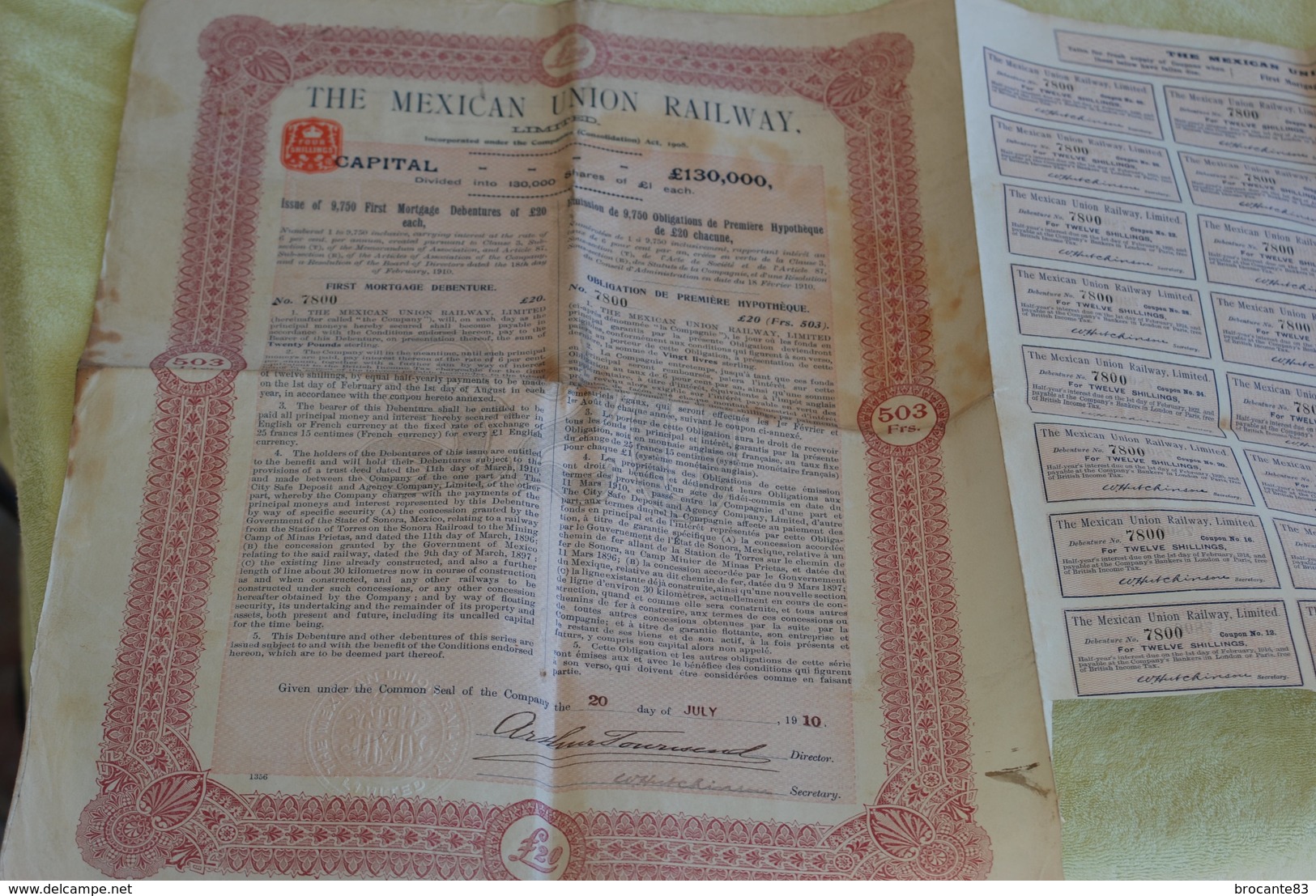 The Mexican Union Railway Obligation De 20 Livre En 1910 - Chemin De Fer & Tramway