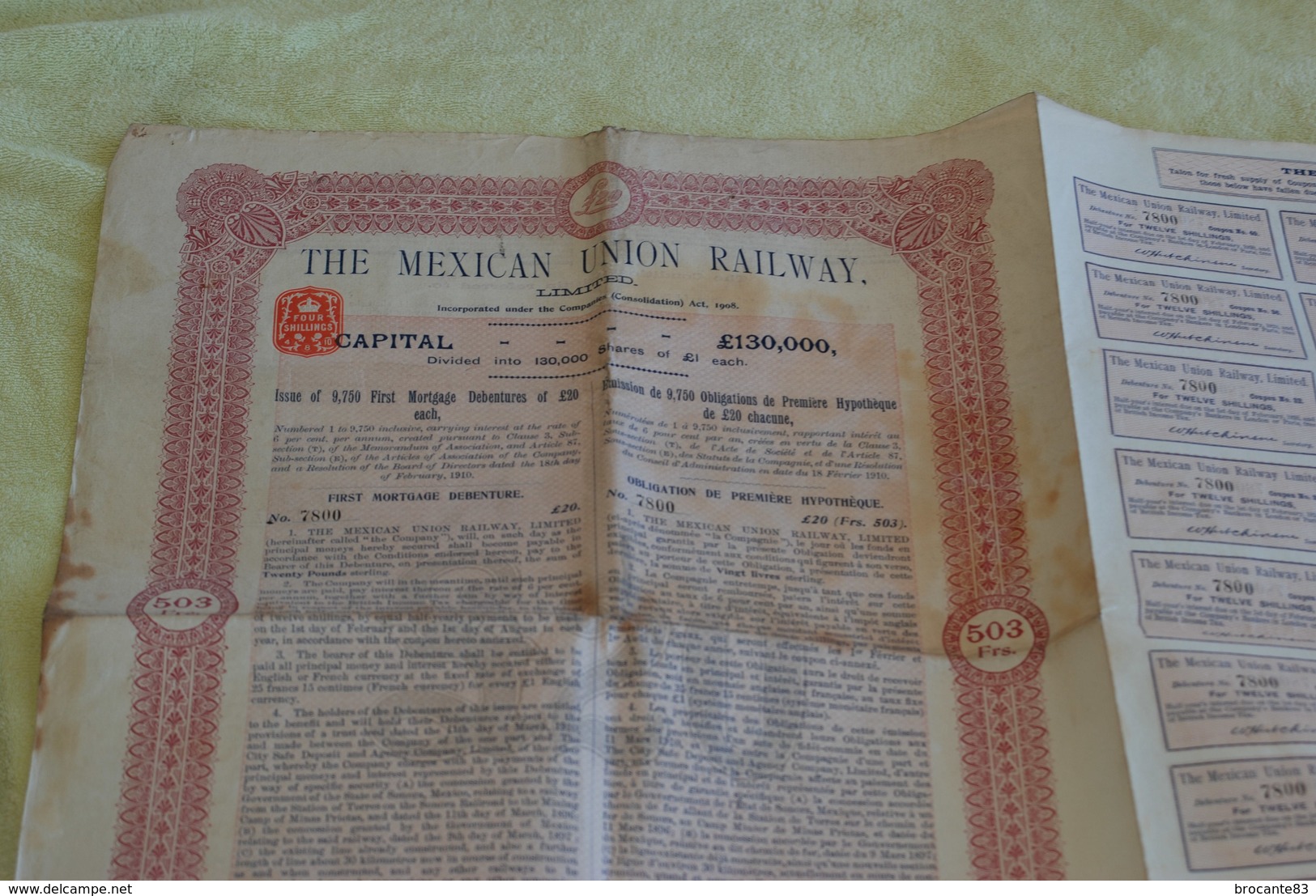 The Mexican Union Railway Obligation De 20 Livre En 1910 - Chemin De Fer & Tramway