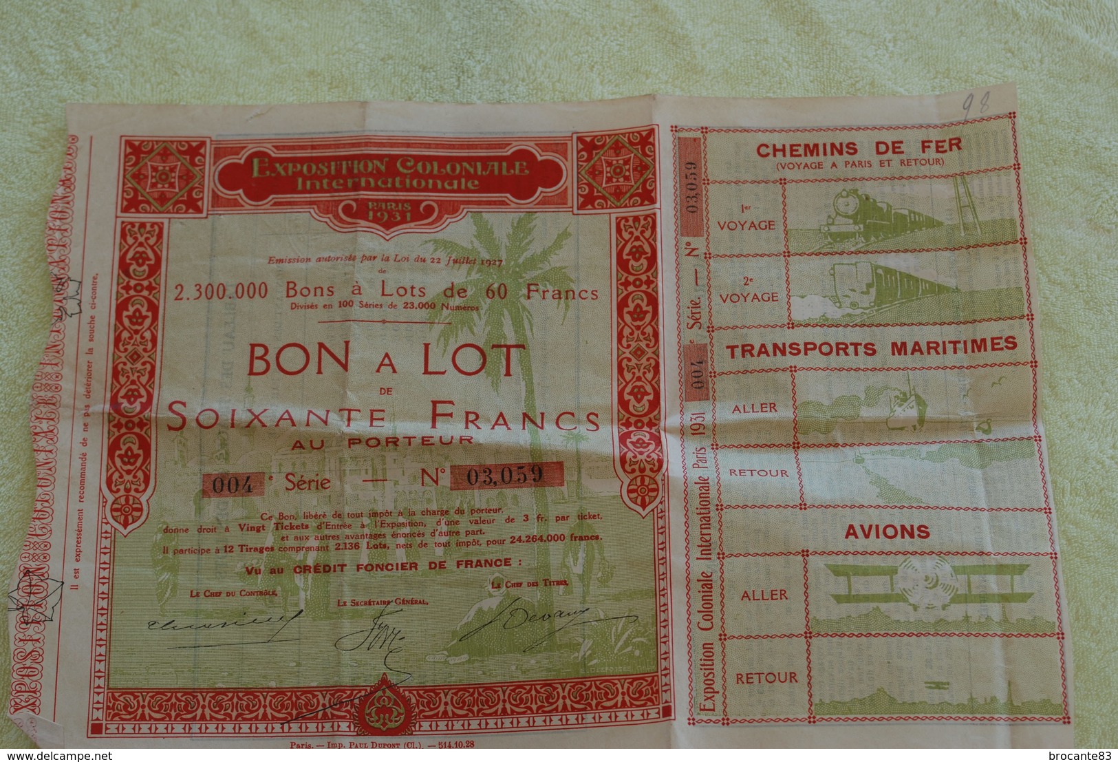 Bon A Lot De 60 Francs Exposition Coloniale - Tourism
