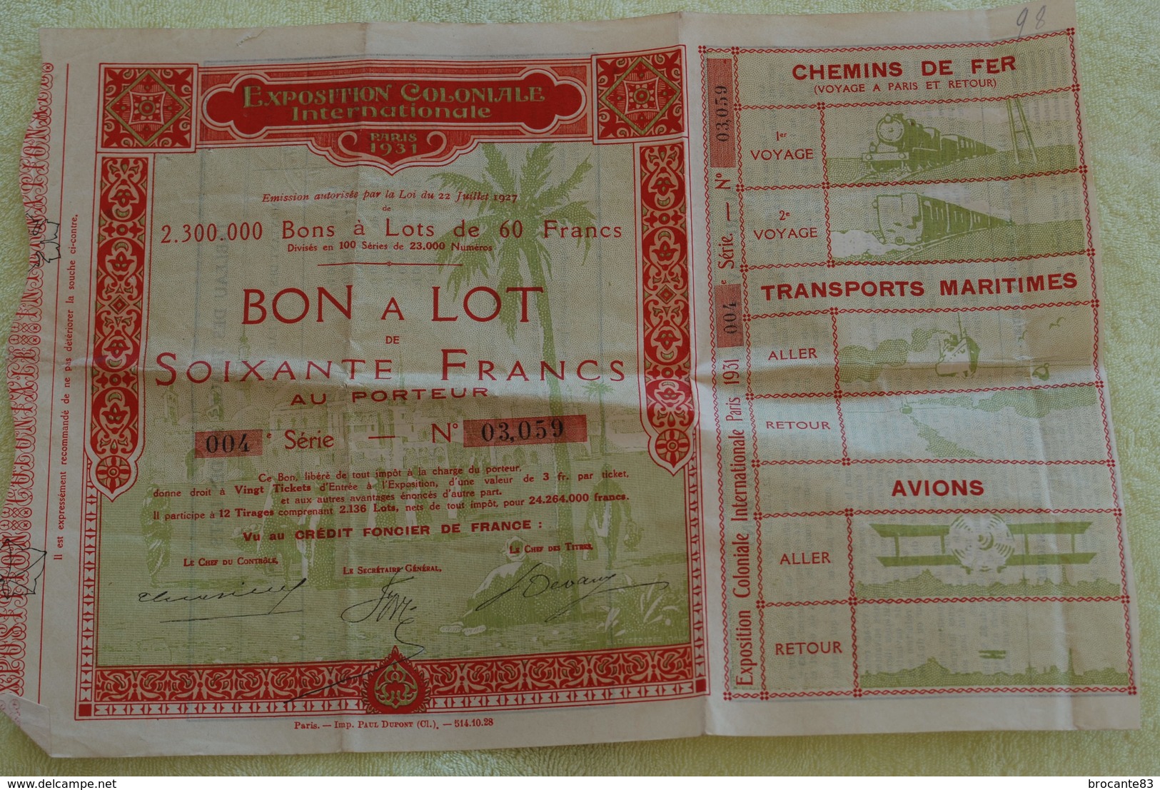 Bon A Lot De 60 Francs Exposition Coloniale - Tourisme