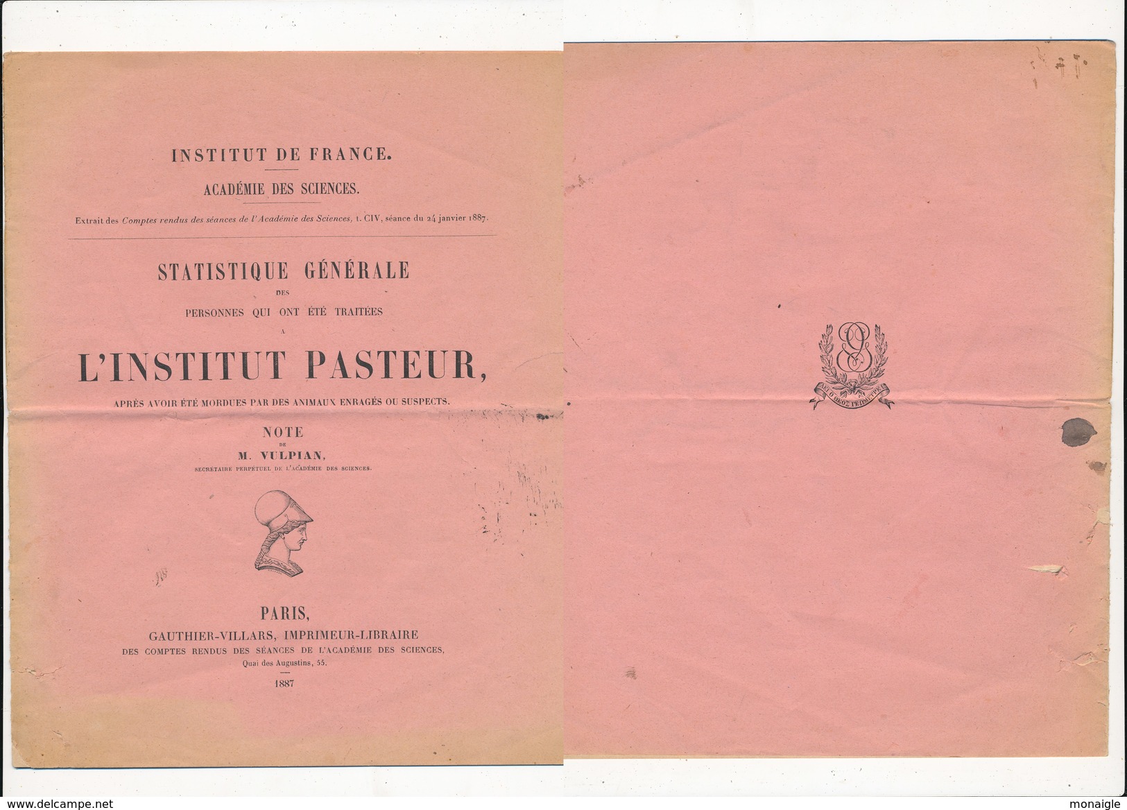 Institut De France Académie Des Sciences Statistique Générale Institut PASTEUR  Note Vulpian 1887 ( Animaux Enragés) - Non Classés