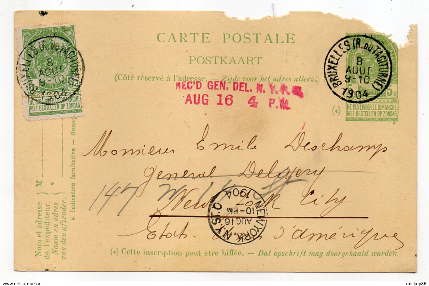 Belgique-1904-Entier CP Avec Complt 5c De BRUXELLES Pour NEW-YORK (Etats-Unis)--Beaux Cachets-griffe Rouge N-Y - 1893-1907 Wappen