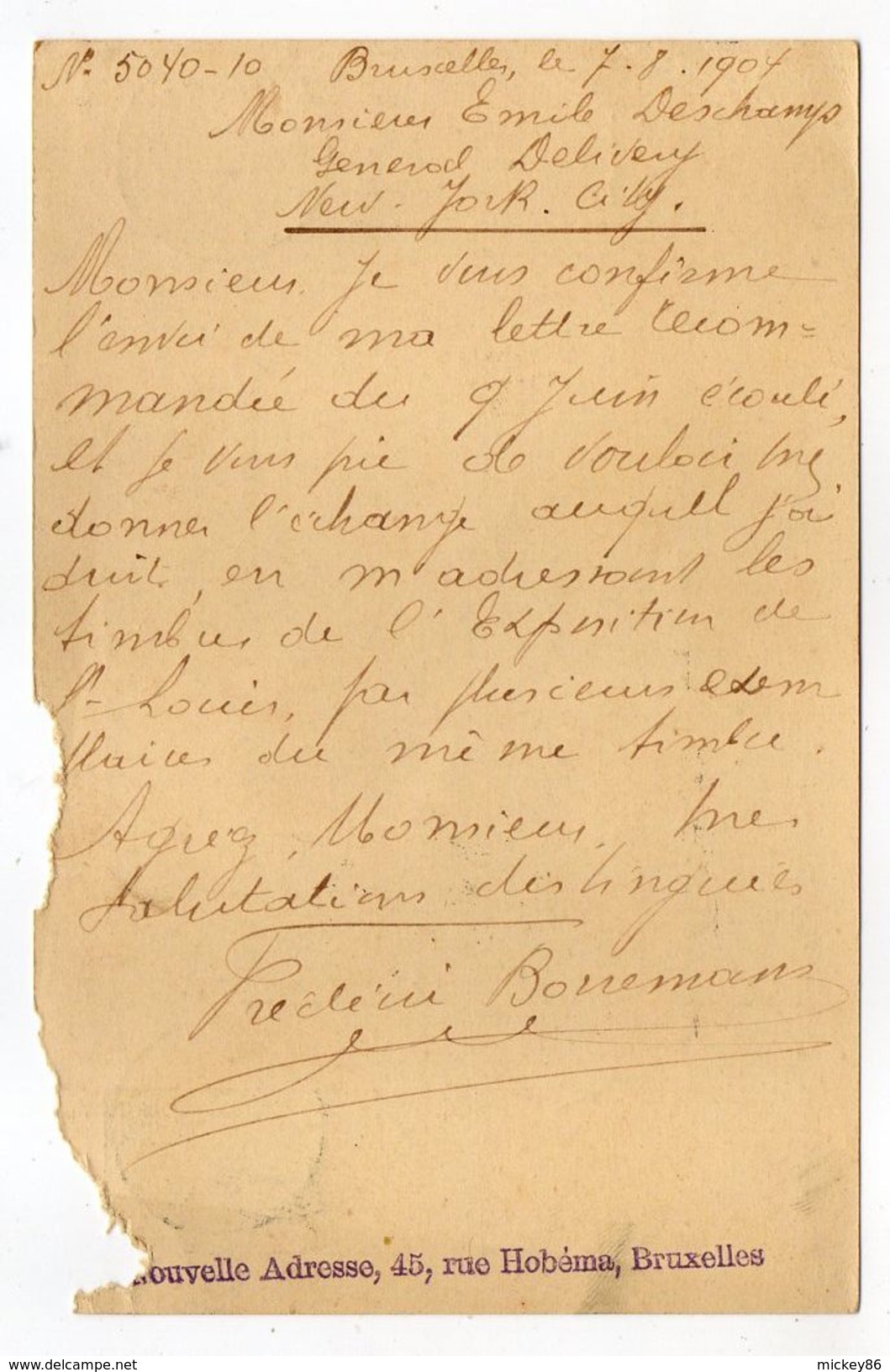 Belgique-1904-Entier CP Avec Complt 5c De BRUXELLES Pour NEW-YORK (Etats-Unis)--Beaux Cachets-griffe Rouge N-Y - 1893-1907 Stemmi