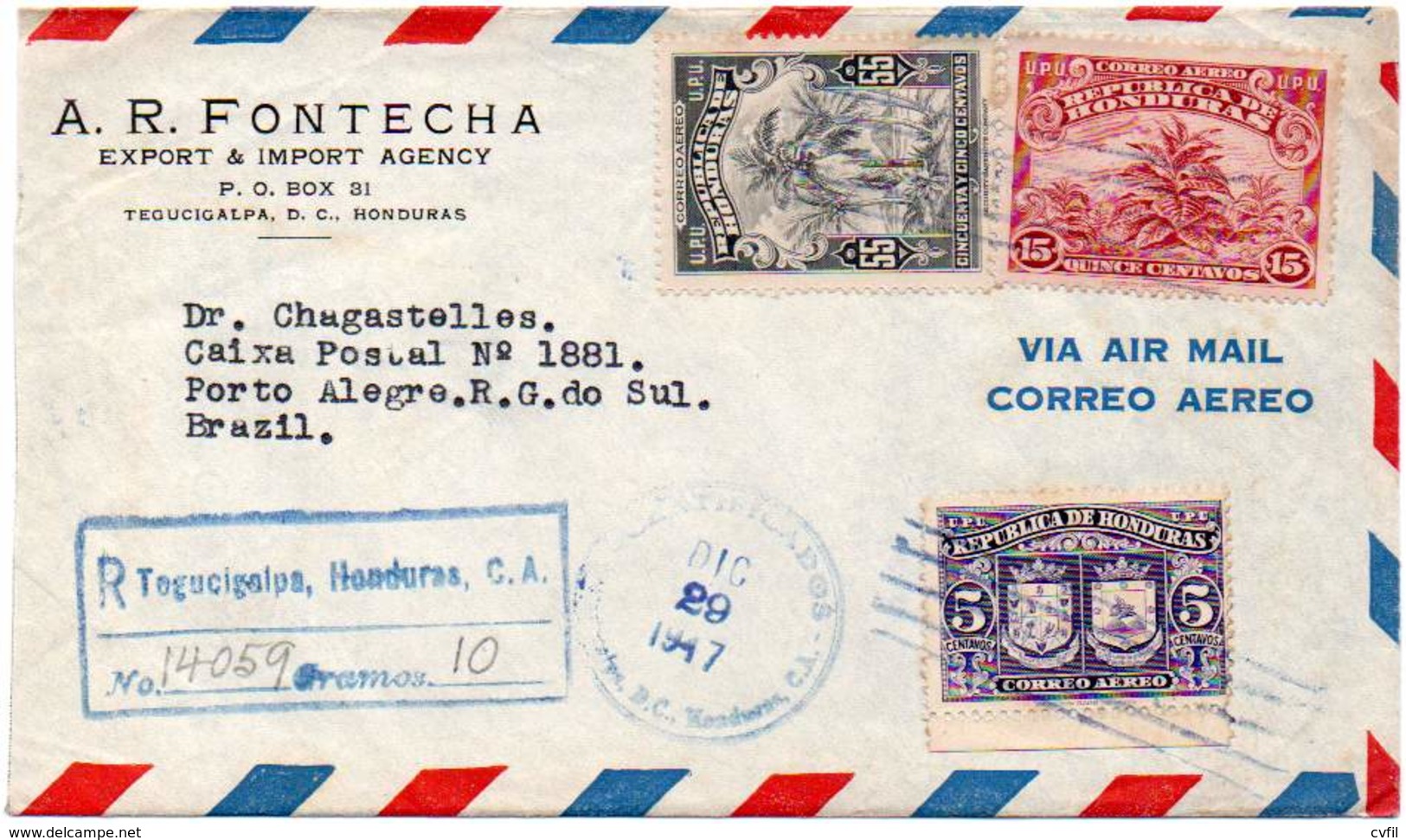 Honduras 1947. Registered Air Cover From Tegucigalpa To Porto Alegre, RS, Brazil. Plants - Honduras