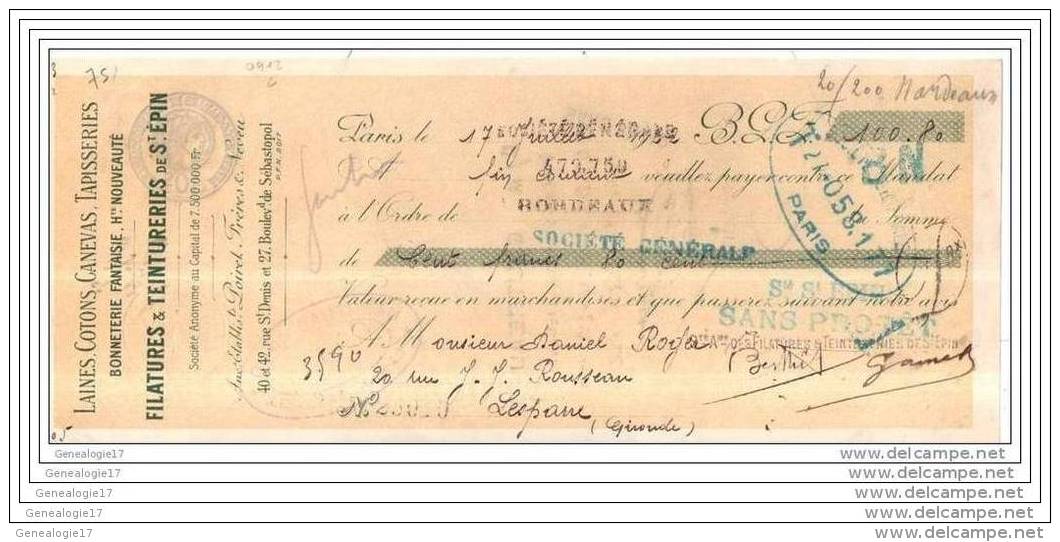 75 - 6525 PARIS 1922 Laines Cotons Canevas FILATURES Et  TEINTURERIES DE SAINT EPIN Succ POIRET FRERES 40 - 42 St Deni - Bills Of Exchange
