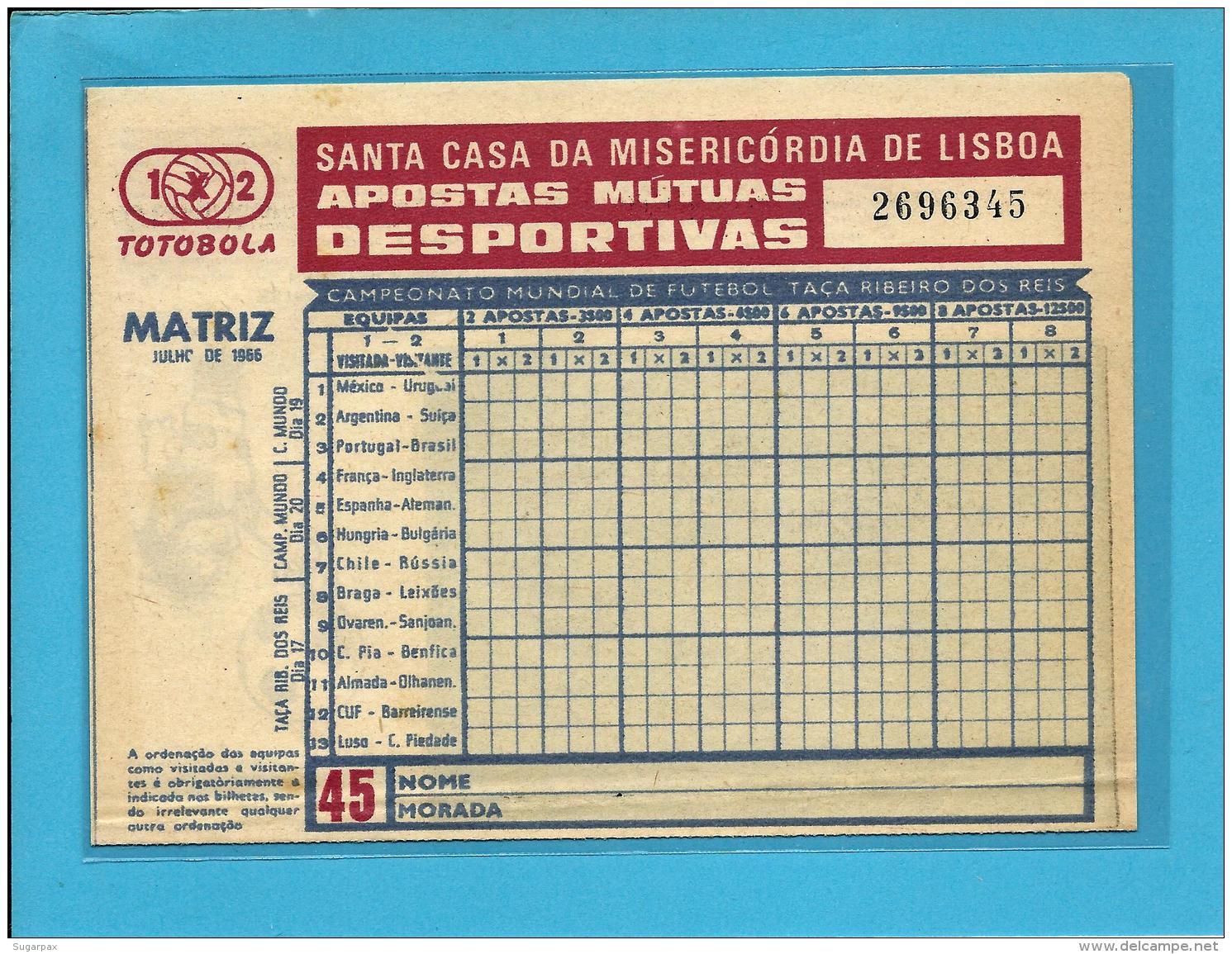 ENGLAND 1966 -  World Championship - Jules Rimet Cup - Totobola 45 - Portugal - 4 Scans - Lottery Tickets