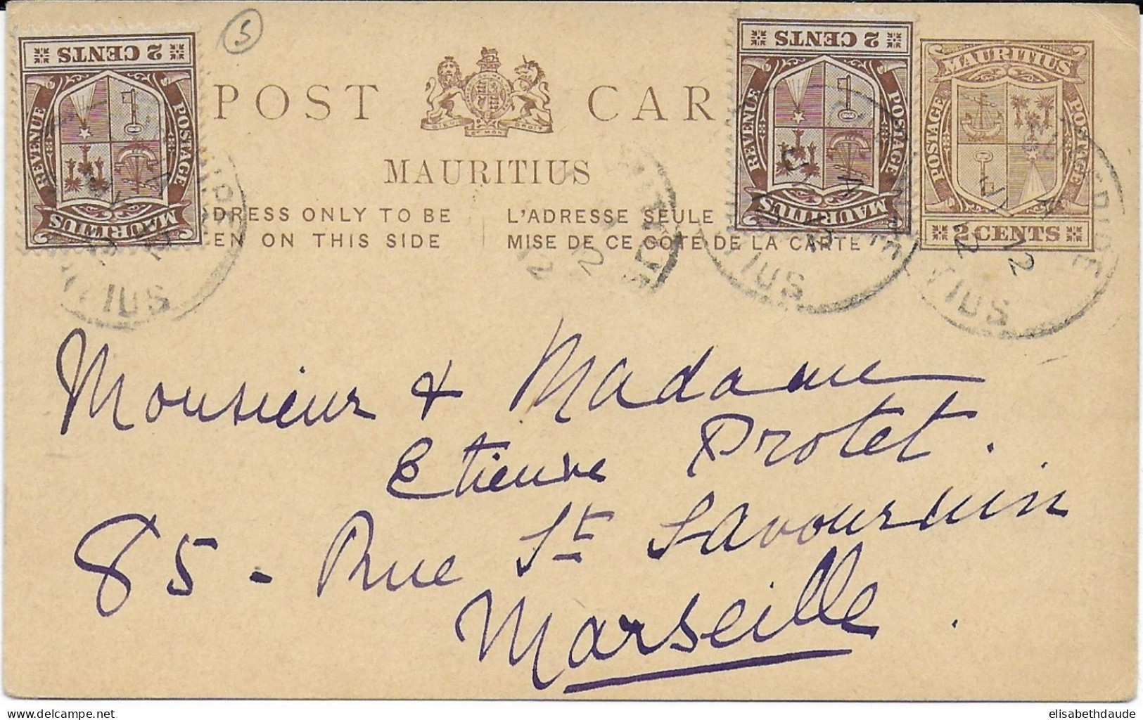 MAURITIUS - 1912 - CARTE ENTIER POSTAL De CUREPIPE => MARSEILLE - Mauritius (...-1967)