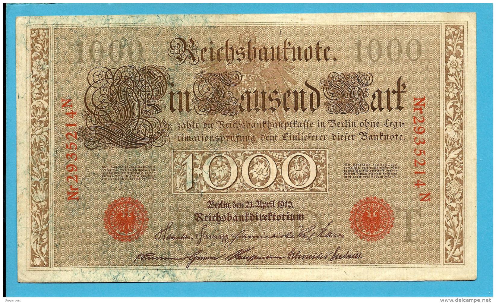 GERMANY - 1000 MARK - 1910 - Pick 44.b - 7 Digit RED SEAL - ( 189 X 109 ) Mm - REICHSBANKNOTE - IMPERIAL BANK NOTES - 1000 Mark