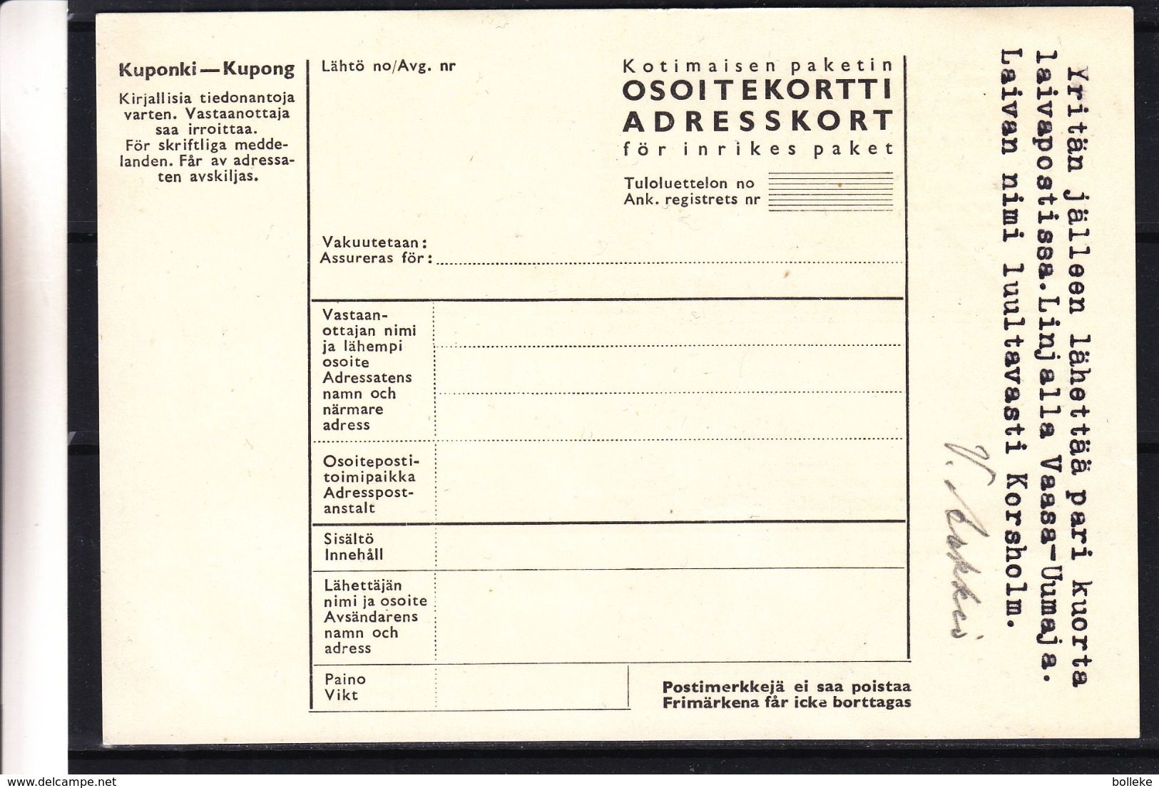 Finlande - Carte Adresse De 1954  ? - Pour L'envoi De Paquets - Enteros Postales