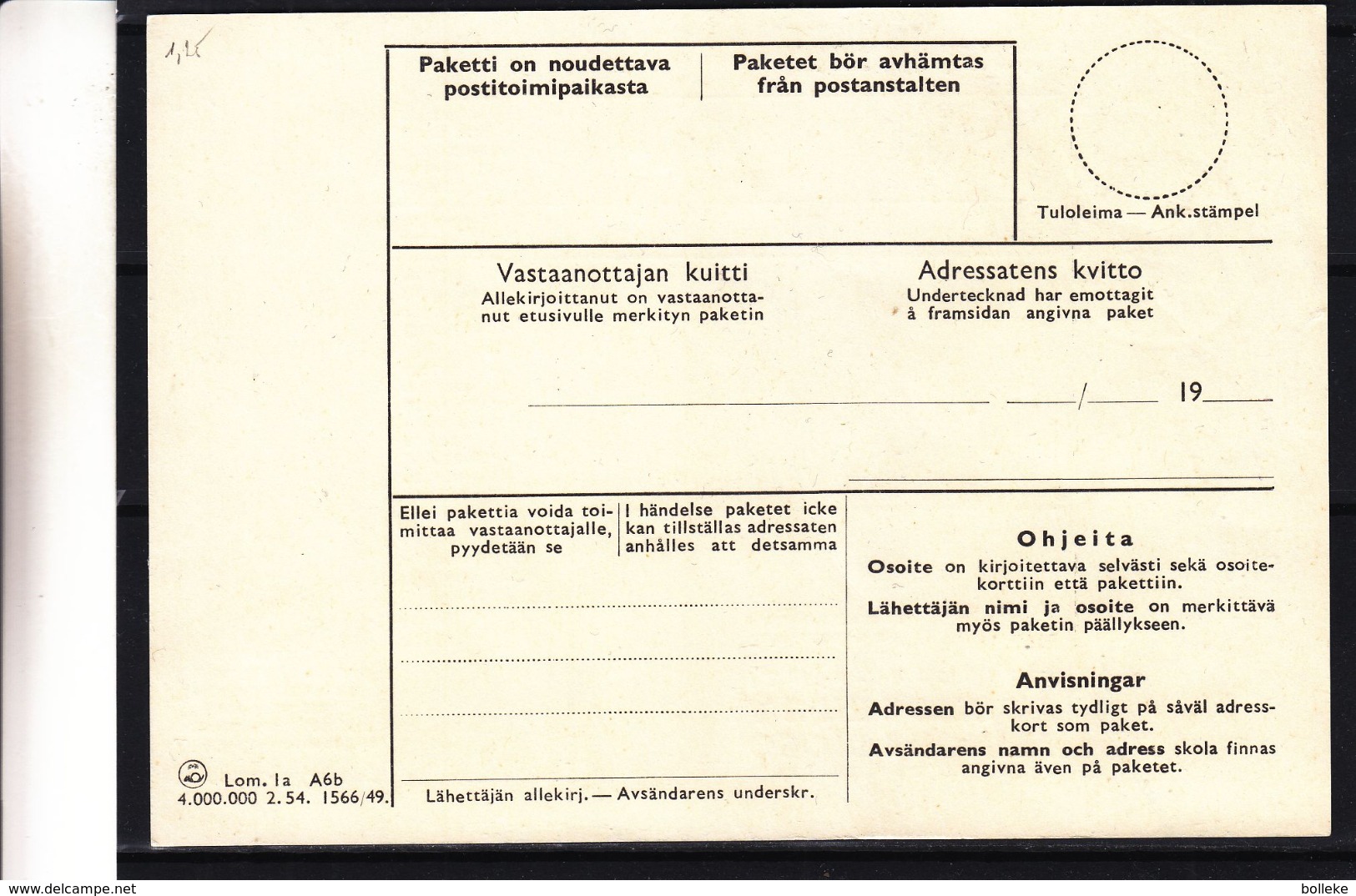 Finlande - Carte Adresse De 1954  ? - Pour L'envoi De Paquets - Enteros Postales