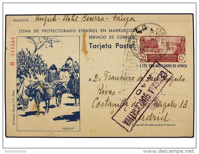 MARRUECOS. 1945. TANGER A MADRID. Entero Postal De 20 Cts. + 5 Cts. Lila Y Azul (Ed. 79). MUY BONITO Y RARO.... - Autres & Non Classés