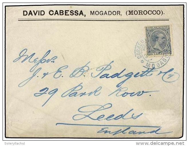MARRUECOS. 1895. MOGADOR A INGLATERRA. 25 Cts. Azul, Mat. CORREO ESPA&Ntilde;OL/MOGADOR En Azul, Al... - Autres & Non Classés