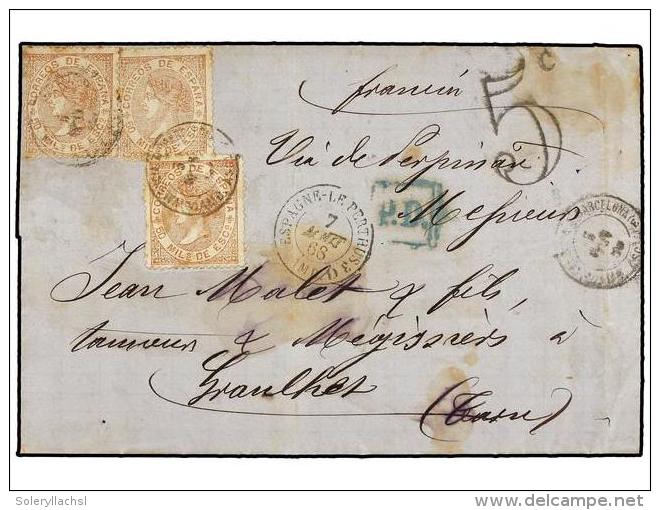 ESPA&Ntilde;A. Ed.96 (3). 1868. VALENCIA A FRANCIA. 50 Mils. Casta&ntilde;o (3). Mat. VALENCIA A... - Autres & Non Classés