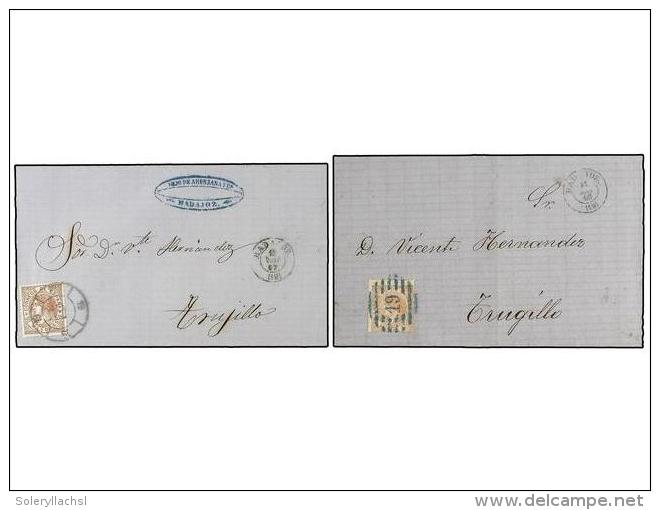 ESPA&Ntilde;A. Ed.96. 1867-68. BADAJOZ. Dos Cartas Con Sello De 50 Mils. Casta&ntilde;o. Mat. R.C.... - Other & Unclassified
