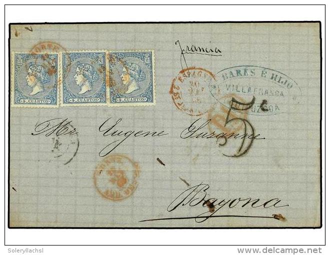 ESPA&Ntilde;A. Ed.81. 1866. VILLAFRANCA A BAYONA (Francia). 4 Cuartos Azul (3). Mat. NORTE/AMB.DESC.... - Autres & Non Classés