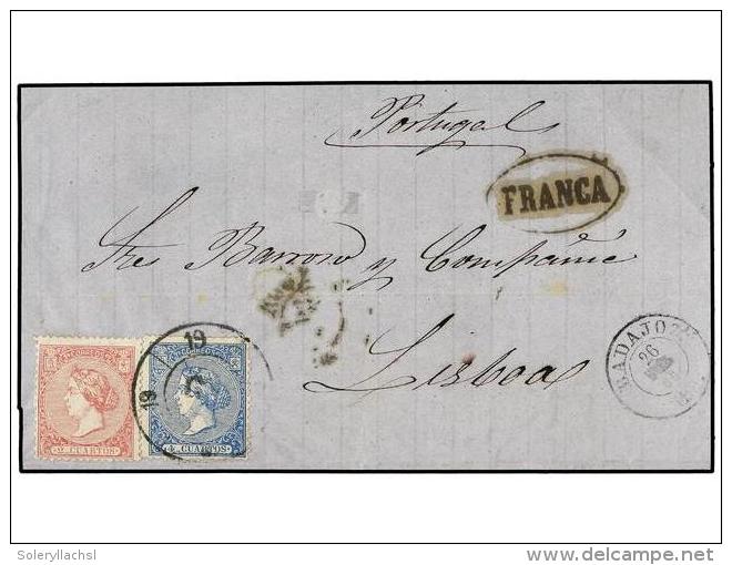 ESPA&Ntilde;A. Ed.80, 81. 1866. BADAJOZ A LISBOA. 2 Cuartos Rosa Y 4 Cuartos Azul. Mat. R.C.... - Other & Unclassified