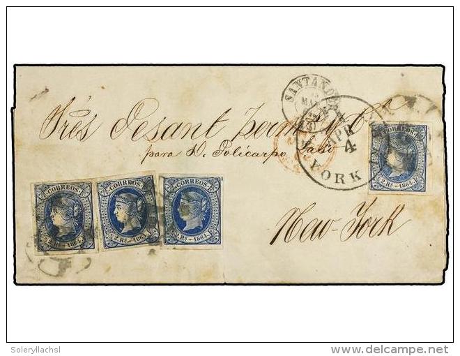 ESPA&Ntilde;A. Ed.68 (4). 1864. SANTANDER A NEW YORK. 2 Reales Azul (4), Circulada V&iacute;a Londres.... - Other & Unclassified