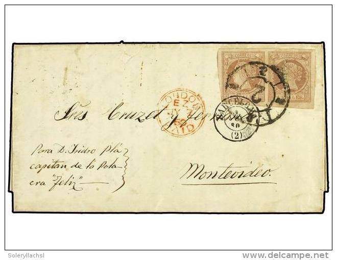 ESPA&Ntilde;A. Ed.56(2). 1860. MASNOU A URUGUAY. 2 Reales Lila (2). Carta Depositada Al Correo En Barcelona.... - Autres & Non Classés