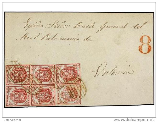 ESPA&Ntilde;A. Ed.33A (6). 1854. FRONTAL Circulado A VALENCIA Con Seis Sellos De 4 Cuartos Rojo, Mat.... - Other & Unclassified