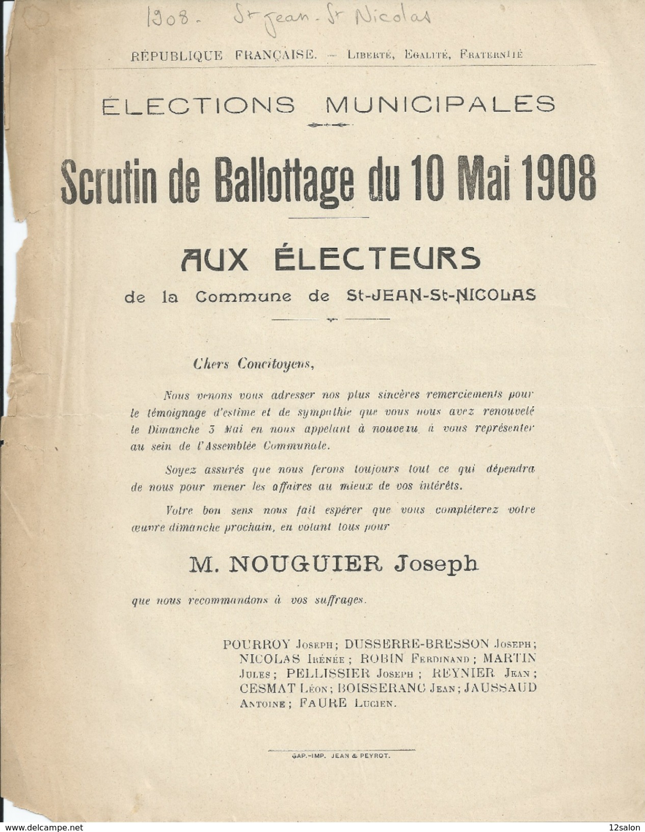 ELECTIONS TRACT  HAUTES ALPES ST JEAN ST NICOLAS 1908 - Documents Historiques