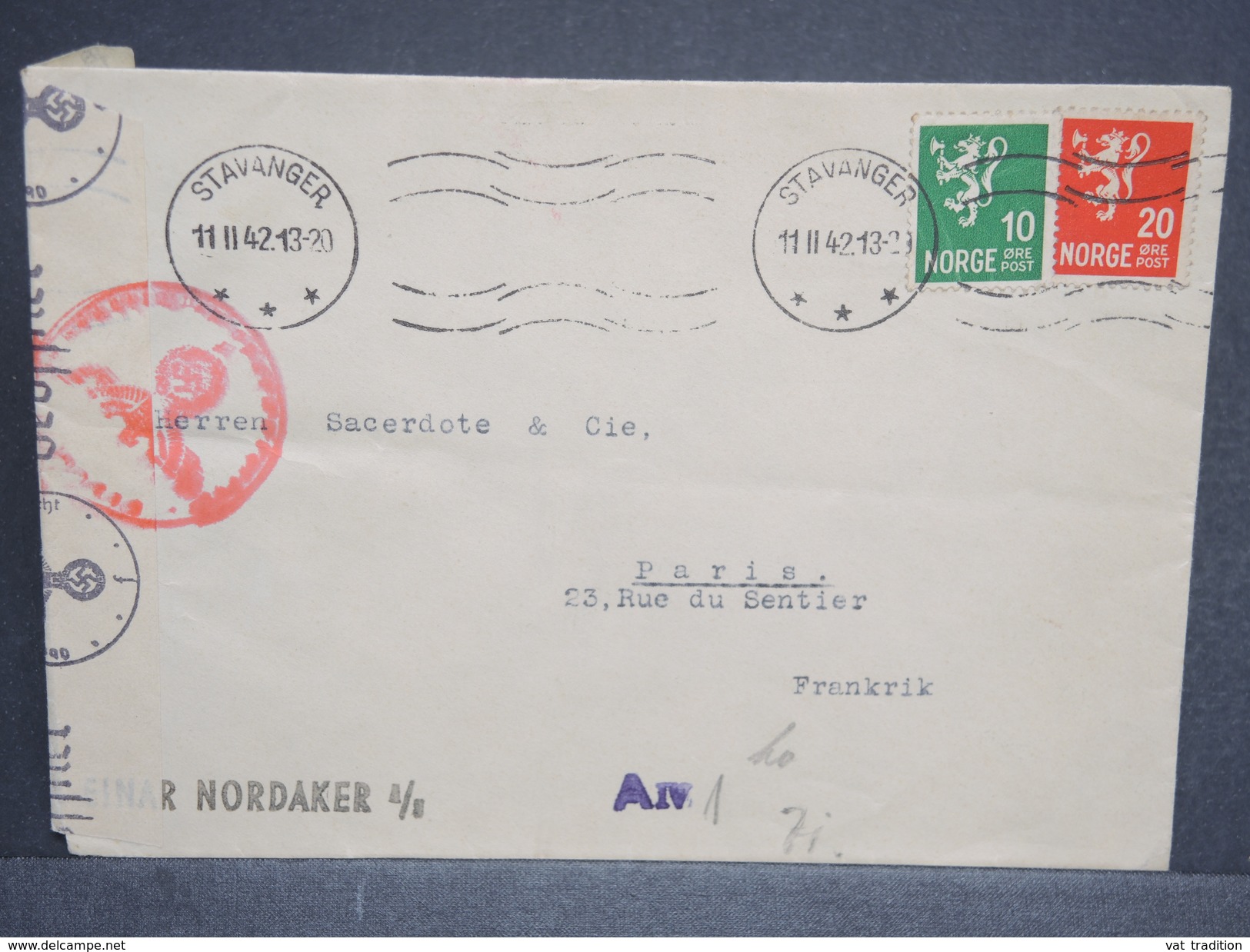 NORVÈGE - Enveloppe De Stavanger Pour Paris En 1942 , Contrôle Postal Allemand , - L 6498 - Lettres & Documents