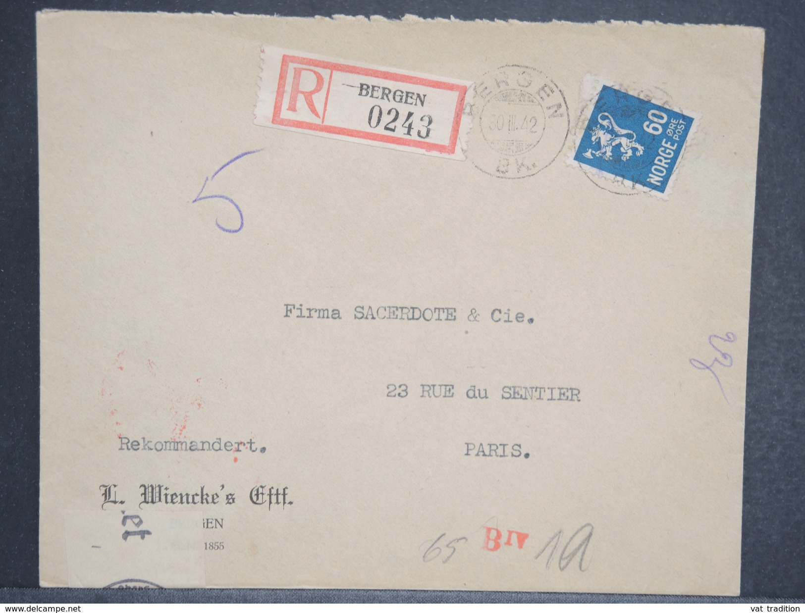 NORVÈGE - Enveloppe En Recommandé De Bergen Pour Paris En 1942 , Contrôle Postal Allemand , - L 6501 - Lettres & Documents