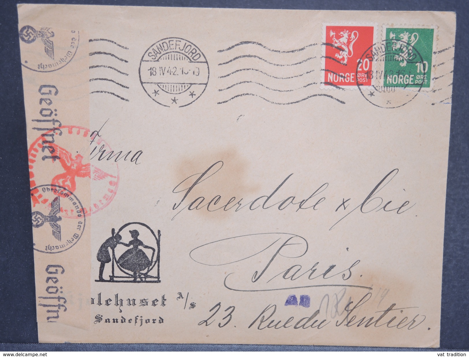 NORVÈGE - Enveloppe De Sandefjord Pour Paris En 1942 , Contrôle Postal Allemand , - L 6502 - Lettres & Documents