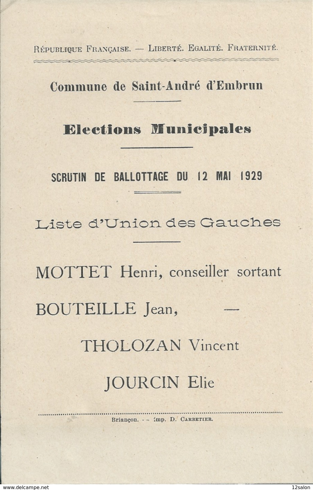 ELECTIONS TRACT  HAUTES ALPES SAINT ANDRE D'EMBRUN 1929 - Documentos Históricos