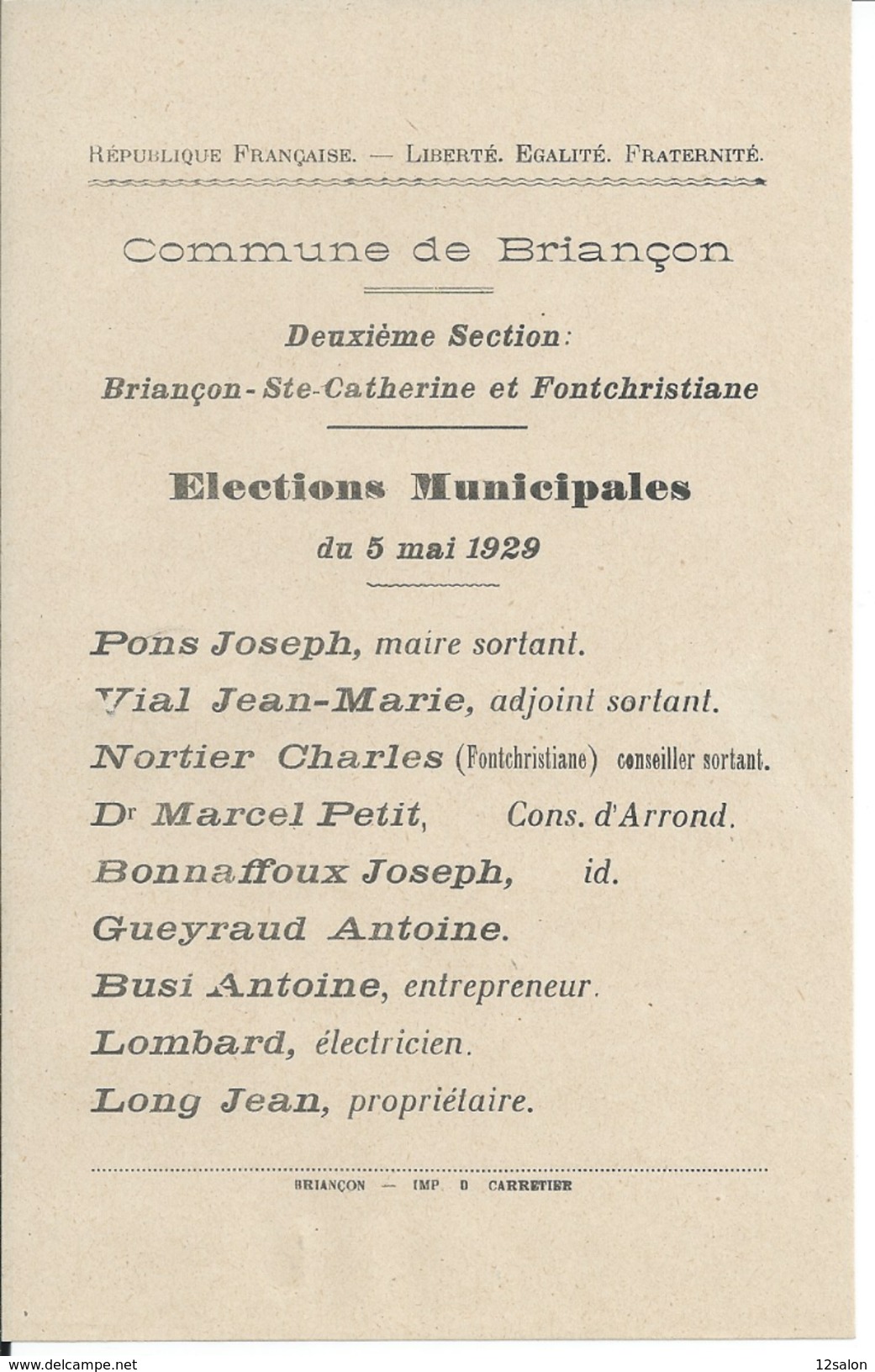 ELECTIONS TRACT  HAUTES ALPES BRIANCON 1929 - Documents Historiques