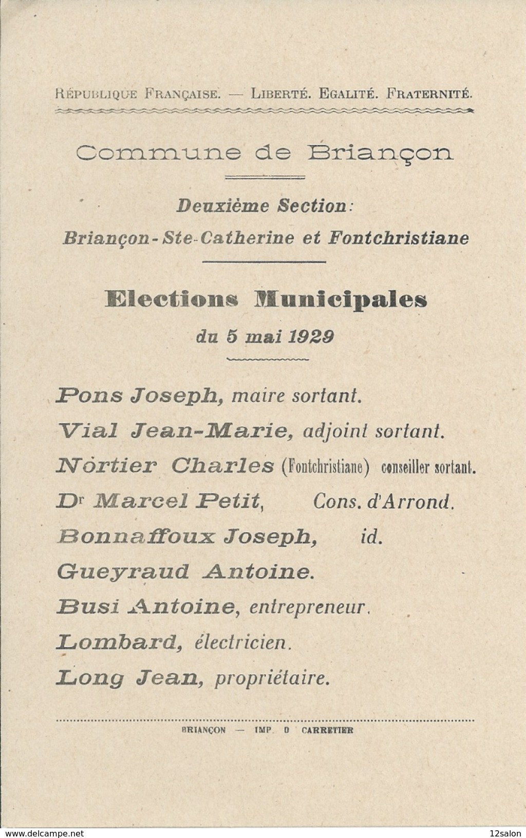 ELECTIONS TRACT  HAUTES ALPES BRIANCON 1929 - Documentos Históricos