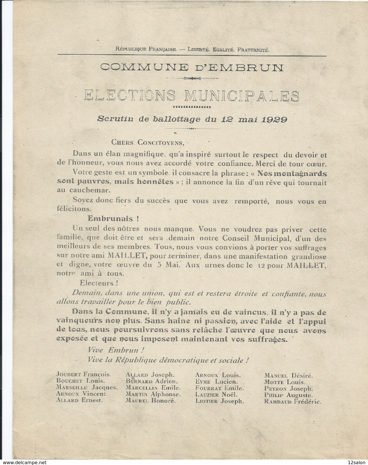 ELECTIONS TRACT  HAUTES ALPES EMBRUN 1929 - Documents Historiques