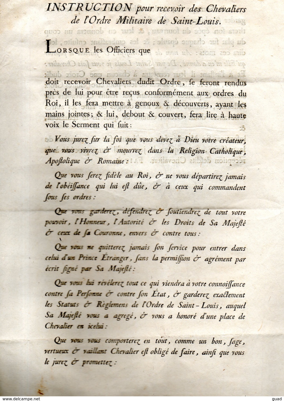 INSTRUCTION ¨POUR RECEVOIR DES CHEVALIERS DE L'ORDRE MILITAIRE SE SAINT LOUIS AVRIL 1693 - Documents Historiques