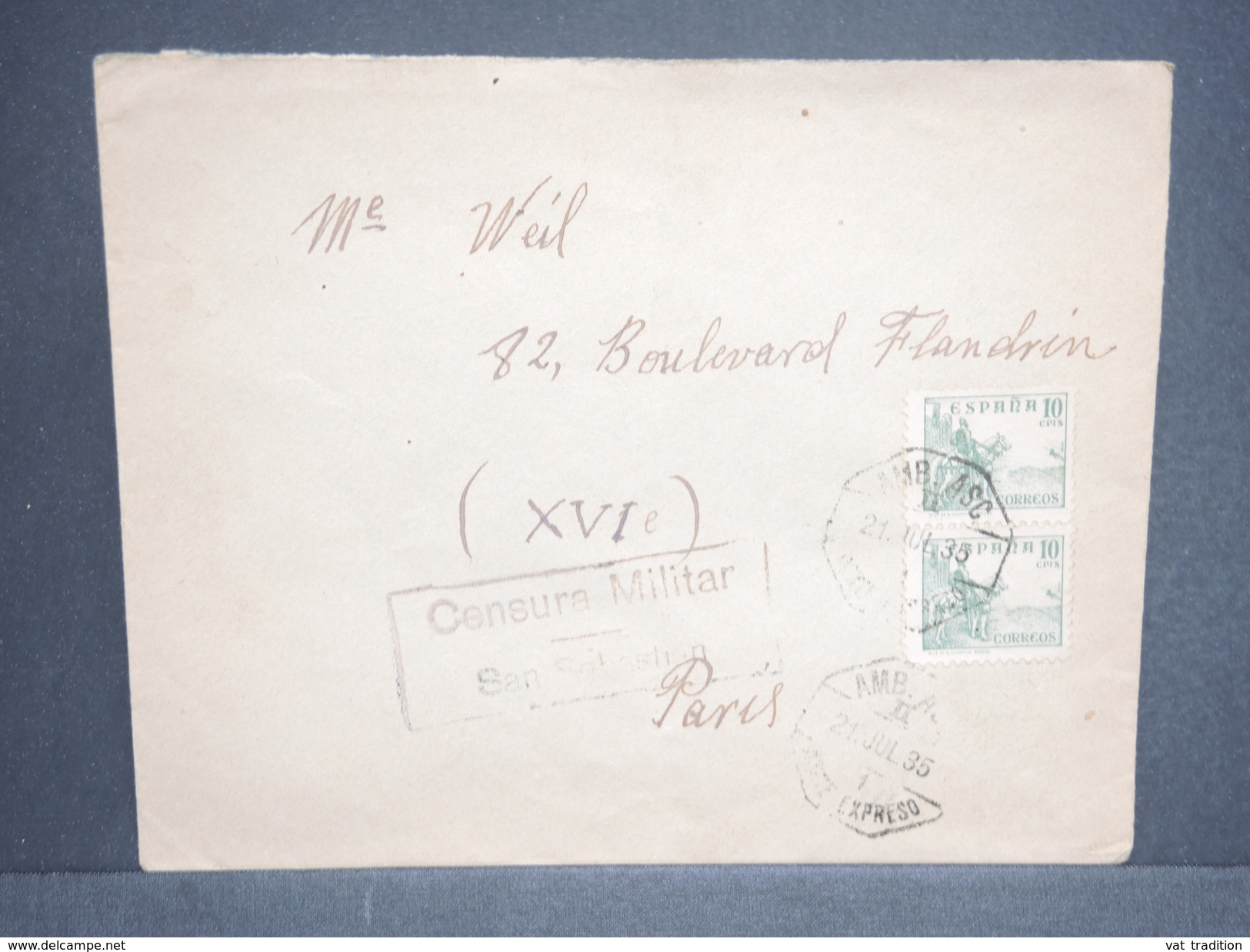 ESPAGNE - Enveloppe Pour Paris En 1935 , Censure De San Sébastian , Oblitération Ambulant - L 6541 - Marcas De Censura Nacional