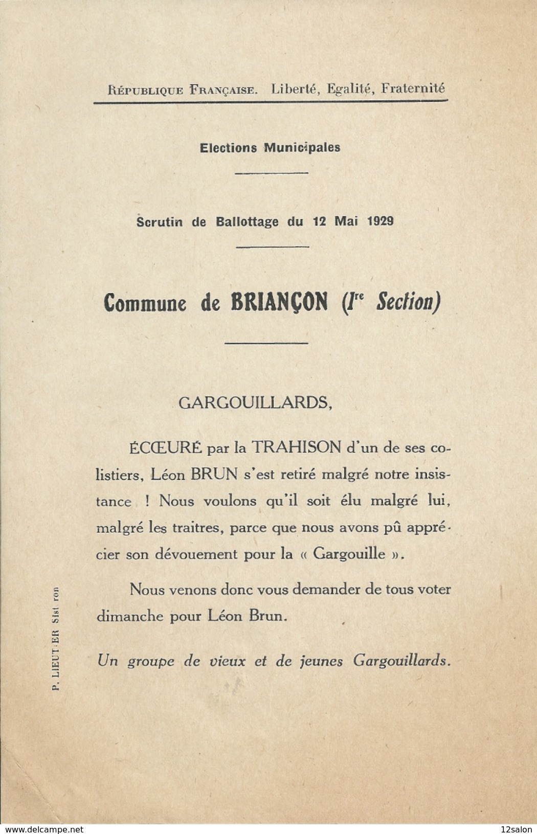 ELECTIONS TRACT  HAUTES ALPES BRIANCON 1929 - Documentos Históricos