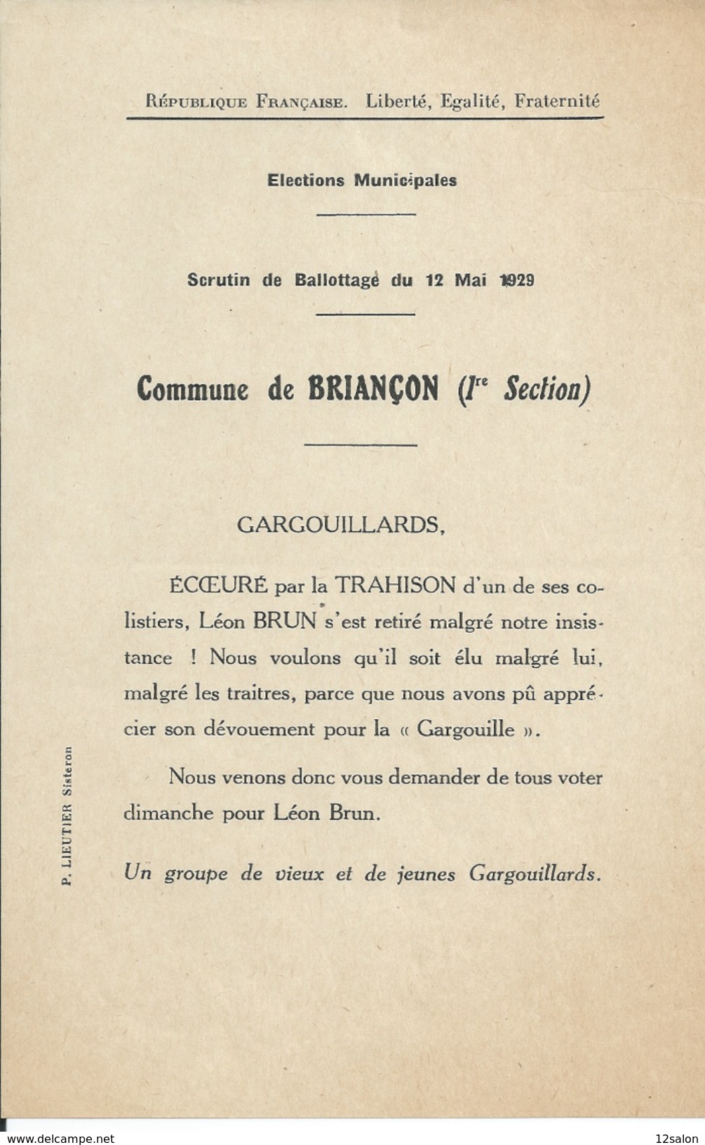 ELECTIONS TRACT  HAUTES ALPES BRIANCON 1929 - Documents Historiques