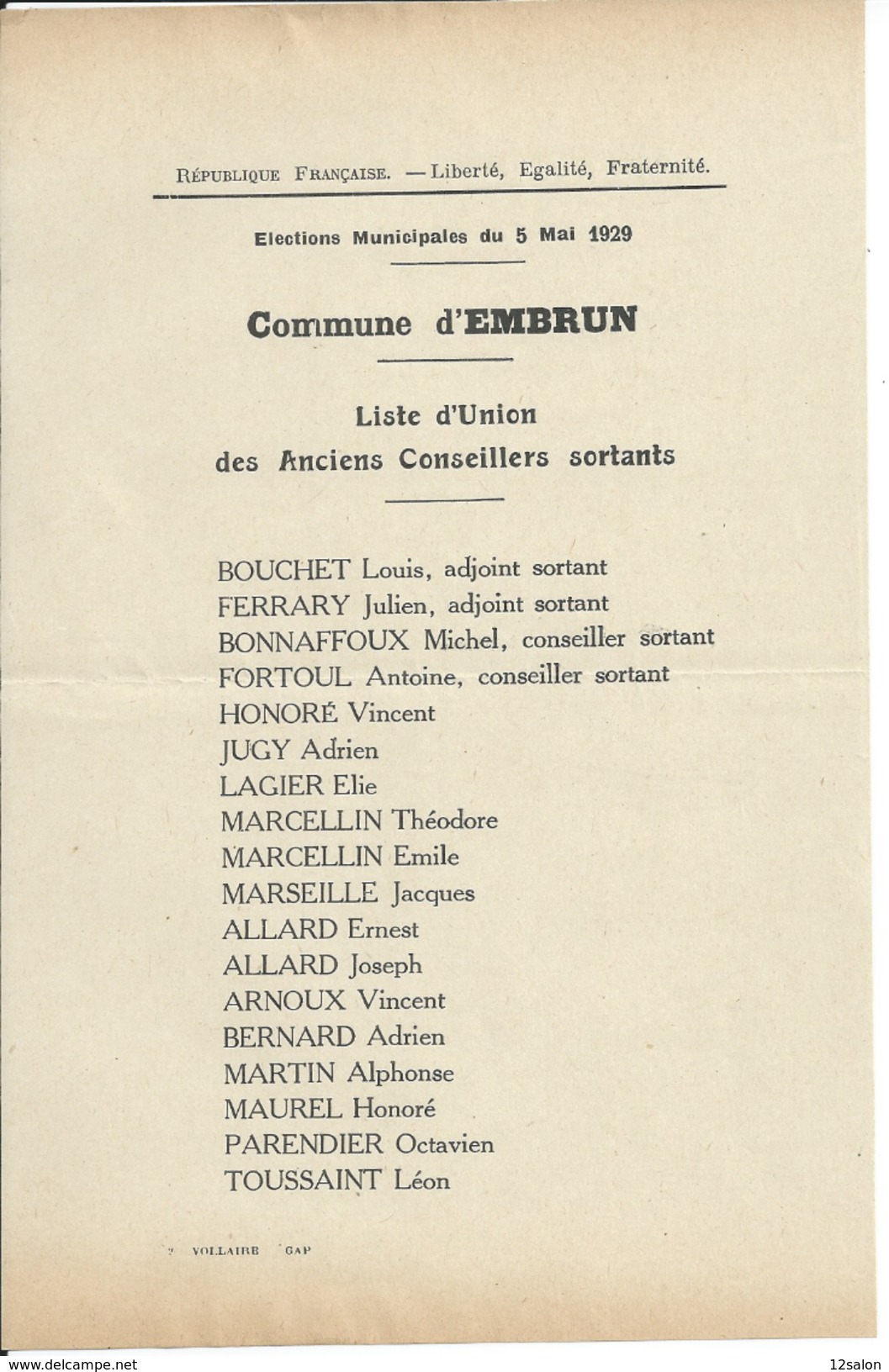 ELECTIONS TRACT  HAUTES ALPES EMBRUN 1929 - Documents Historiques