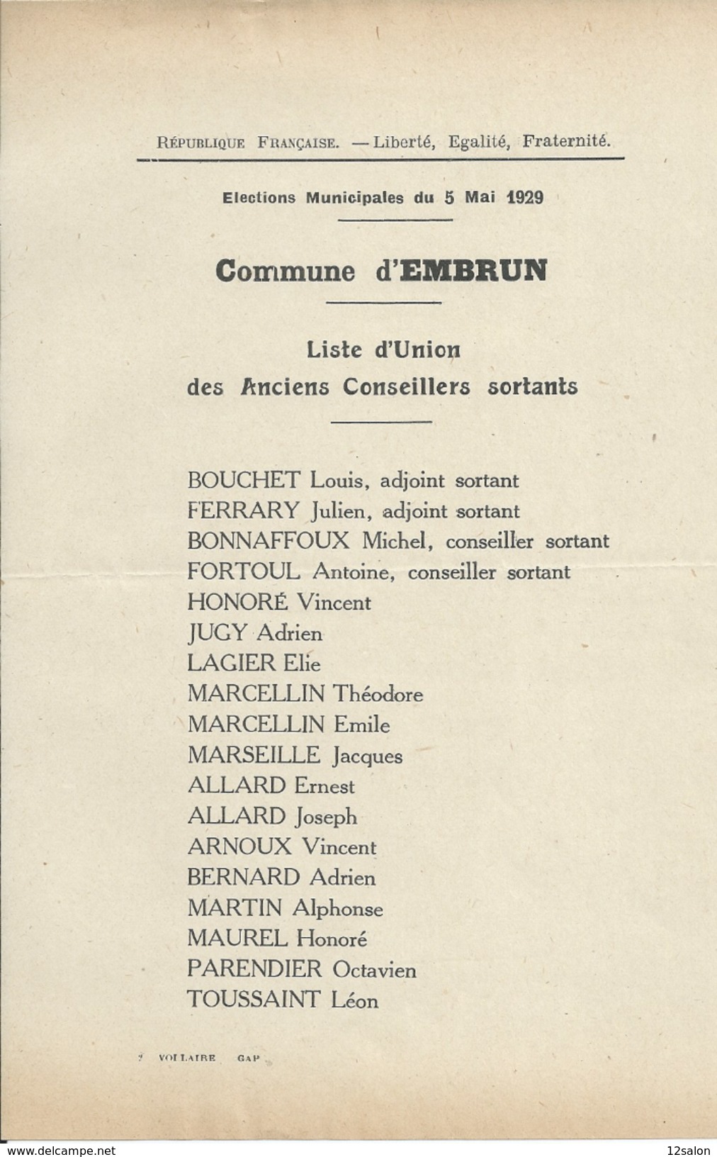 ELECTIONS TRACT  HAUTES ALPES EMBRUN 1929 - Documents Historiques