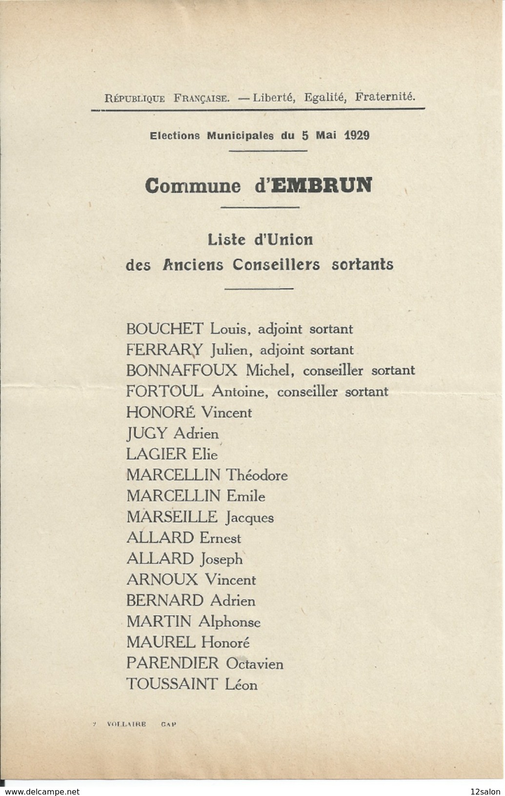 ELECTIONS TRACT  HAUTES ALPES EMBRUN 1929 - Documents Historiques