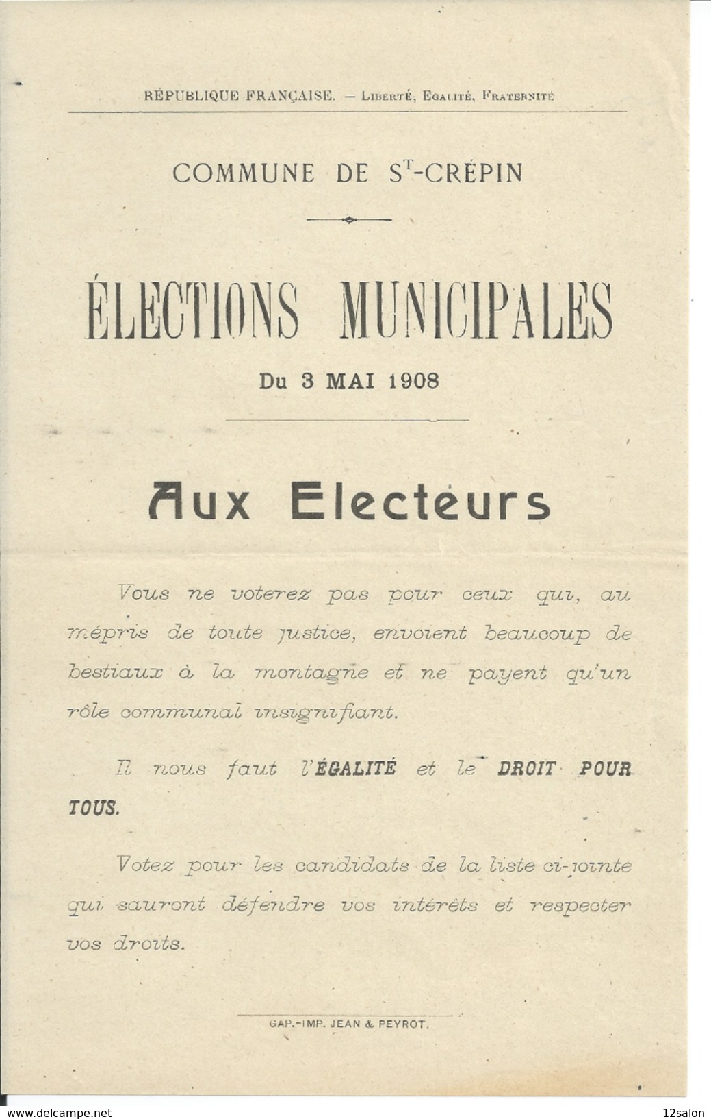 ELECTIONS TRACT  HAUTES ALPES SAINT CREPIN 1908 - Documentos Históricos