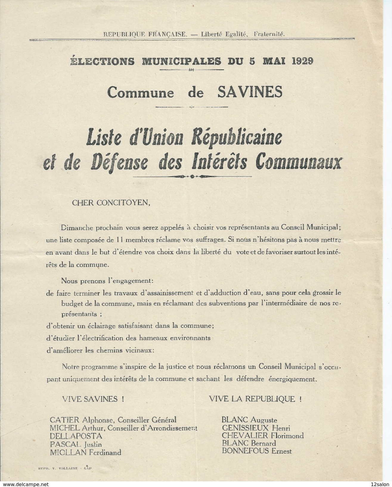 ELECTIONS TRACT  HAUTES ALPES SAVINES 1929 - Documents Historiques