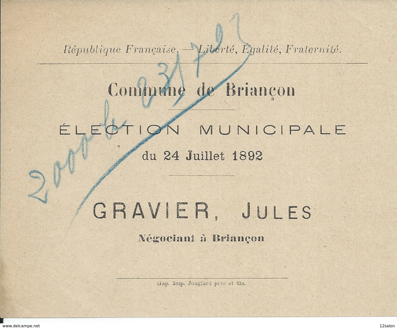 ELECTIONS TRACT  HAUTES ALPES BRIANCON 1892 - Documents Historiques