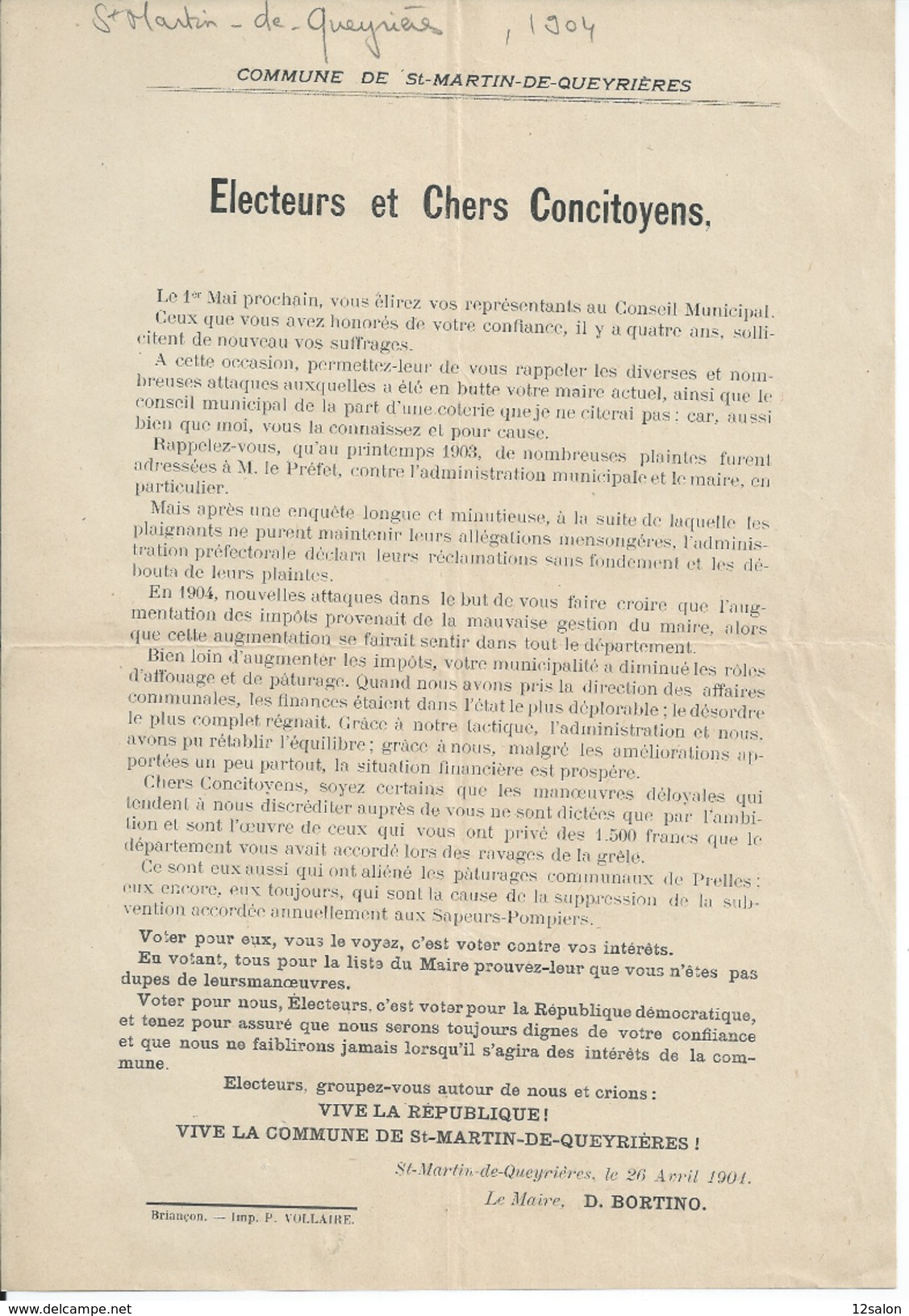 ELECTIONS TRACT  HAUTES ALPES SAINT MARTIN DE QUEYRIERES 1904 - Documentos Históricos