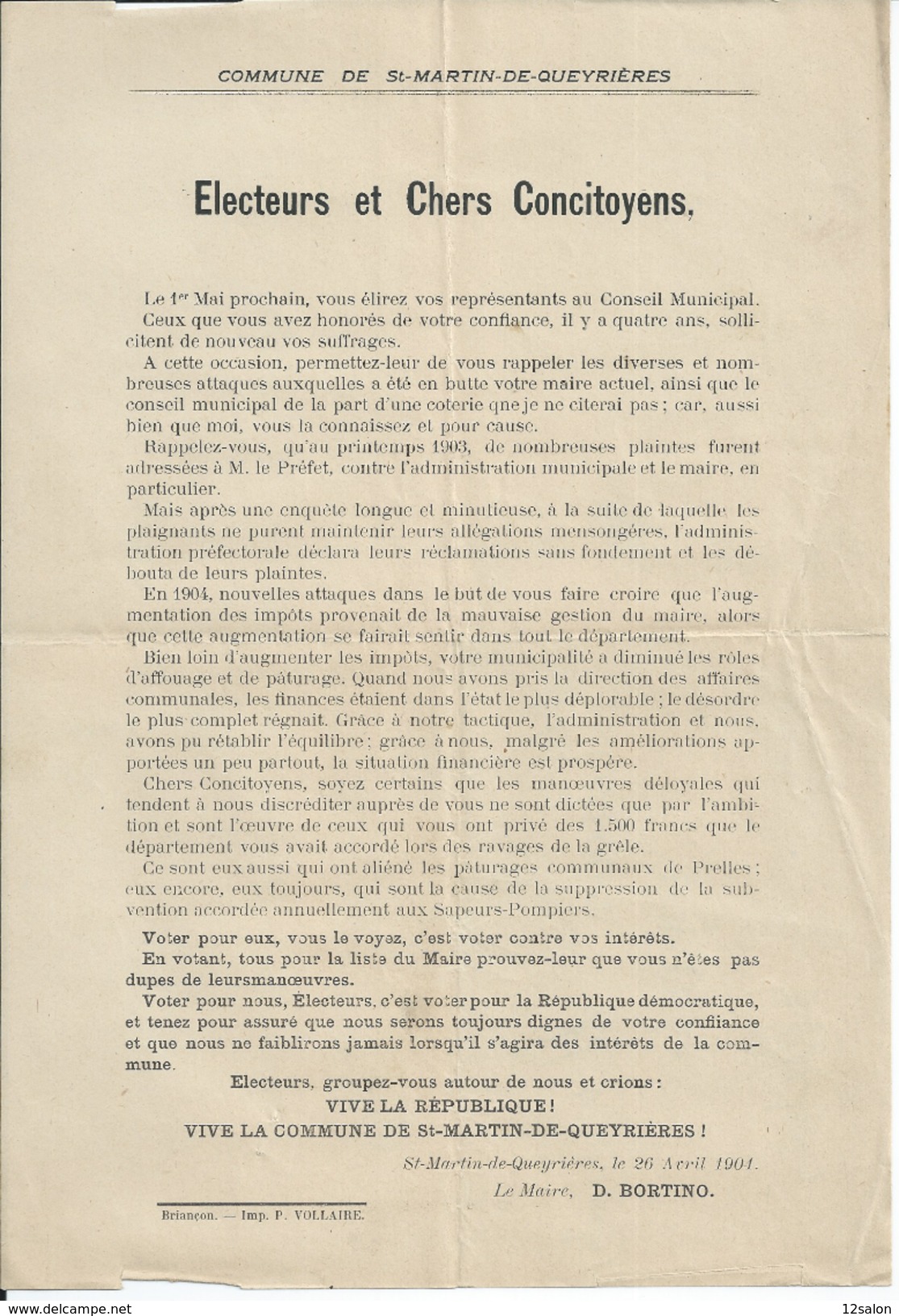 ELECTIONS TRACT  HAUTES ALPES SAINT MARTIN DE QUEYRIERES 1904 - Documents Historiques