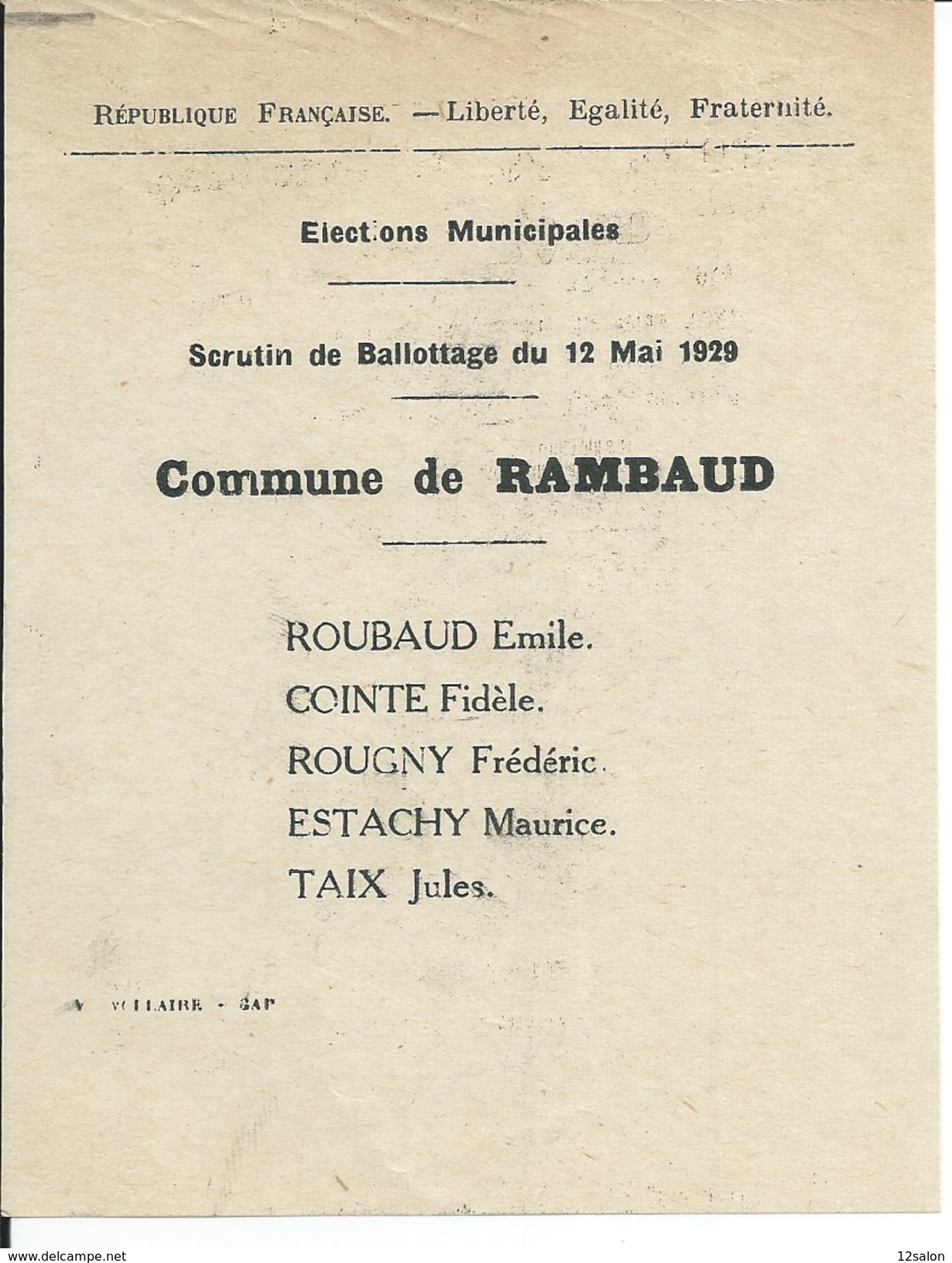 ELECTIONS TRACT  HAUTES ALPES RAMBAUD 1929 - Documents Historiques