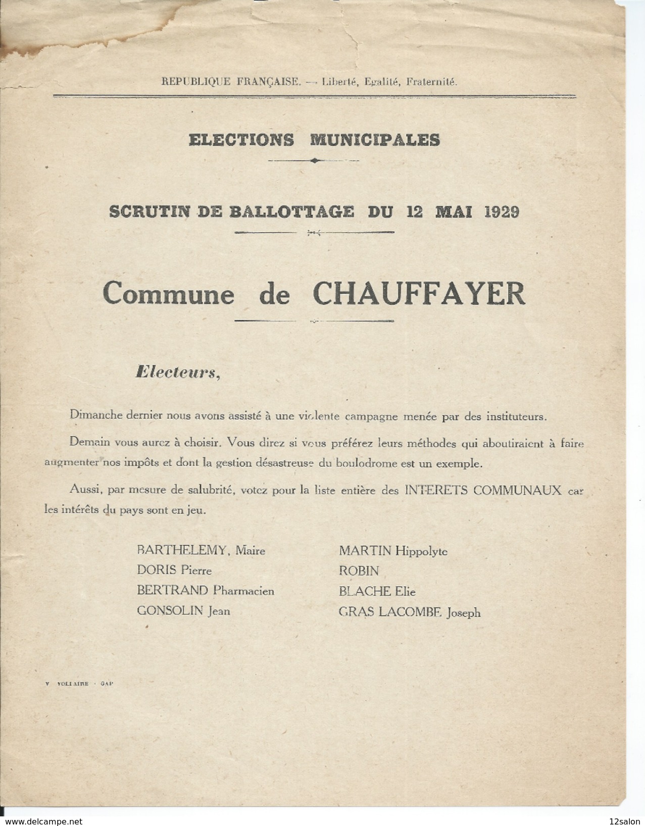 ELECTIONS TRACT  HAUTES ALPES CHAUFFAYER 1929 - Documentos Históricos