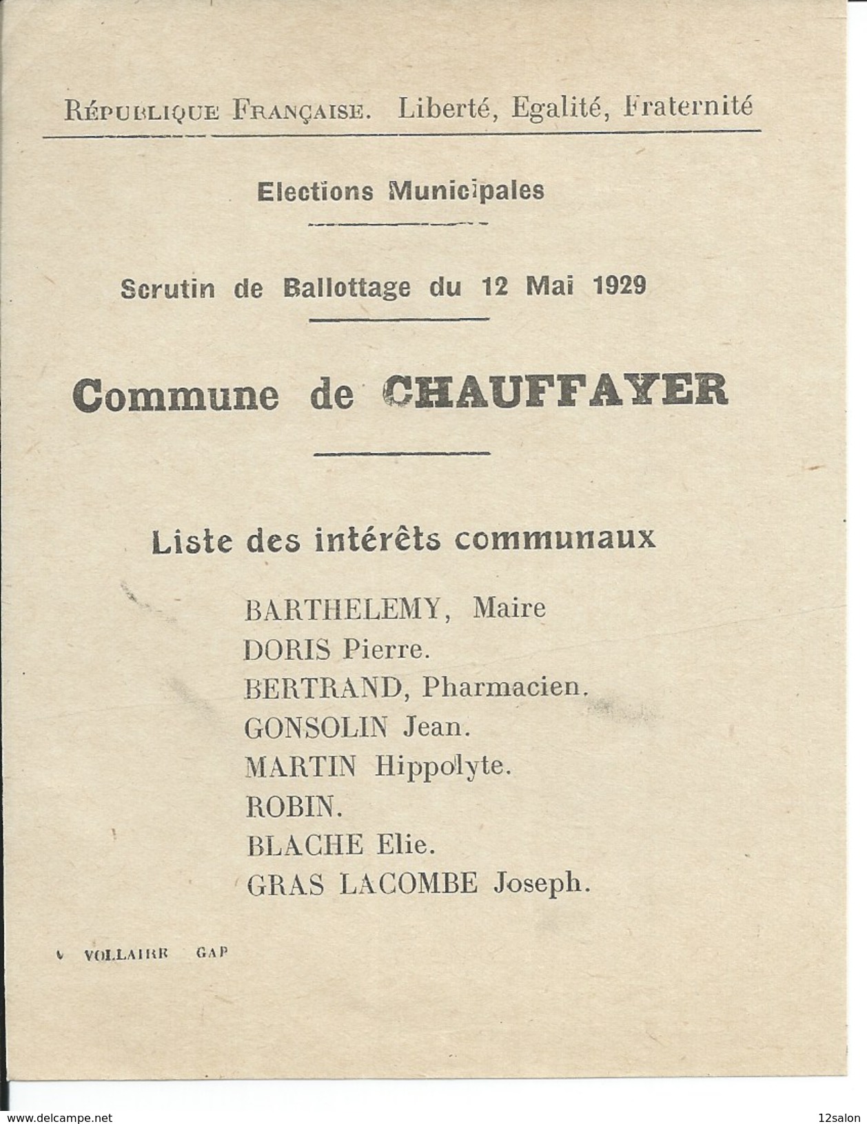 ELECTIONS TRACT  HAUTES ALPES CHAUFFAYER 1929 - Documentos Históricos