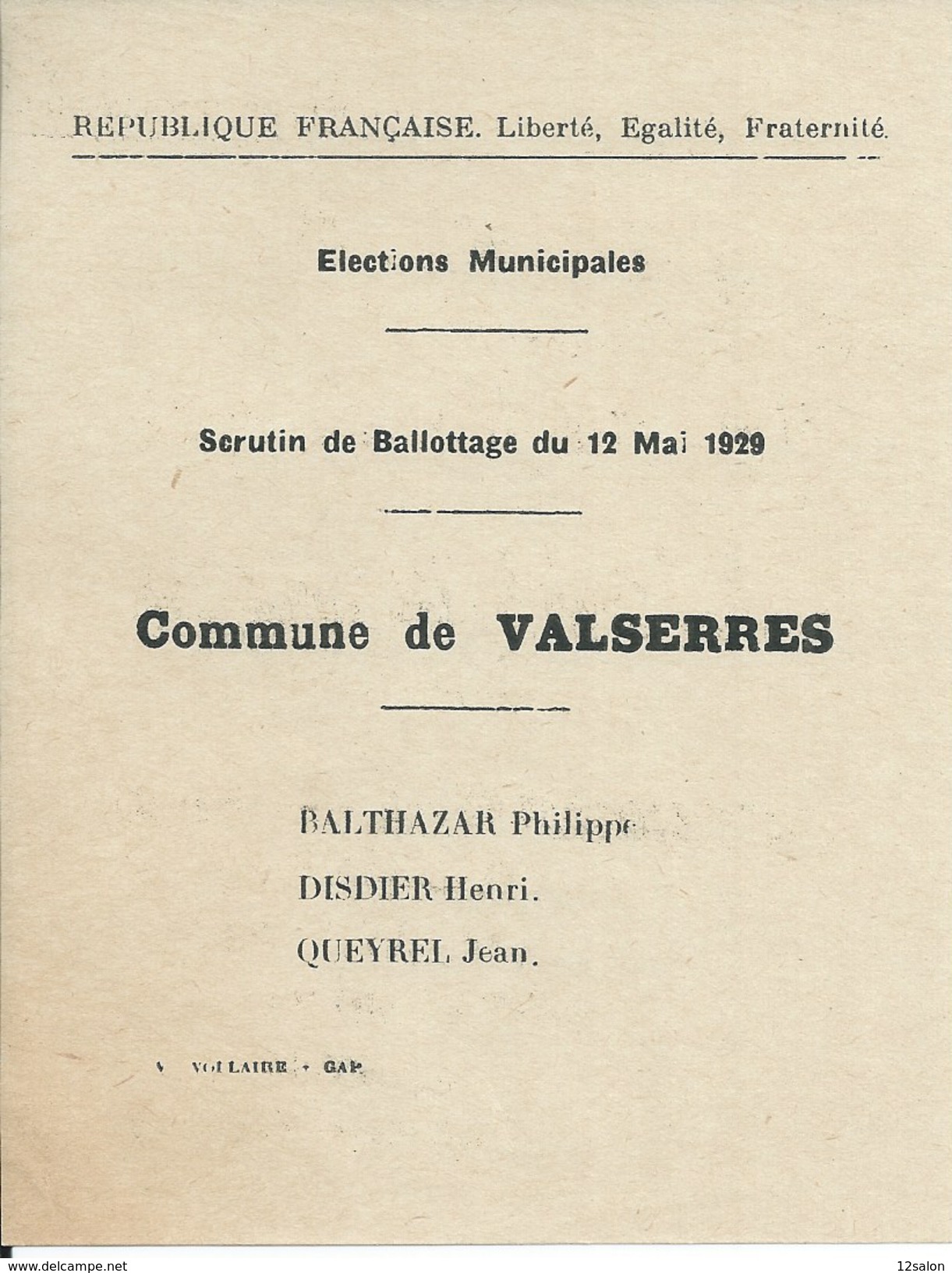 ELECTIONS TRACT  HAUTES ALPES VALSERRES 1929 - Documentos Históricos
