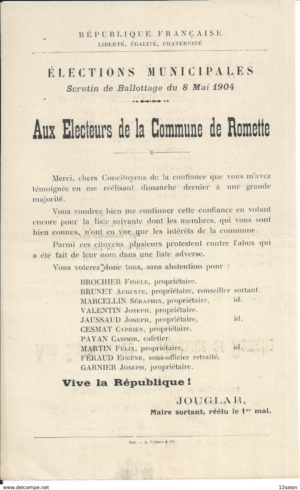 ELECTIONS TRACT  HAUTES ALPES ROMETTE 1904 - Documents Historiques