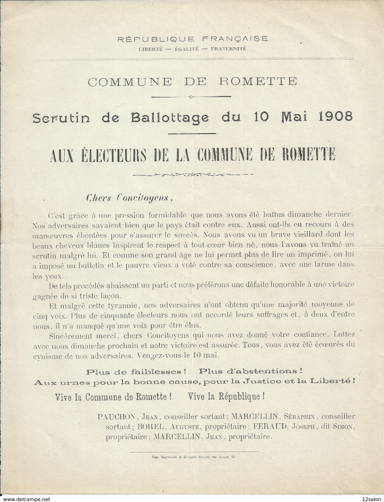 ELECTIONS TRACT  HAUTES ALPES ROMETTE 1908 - Documents Historiques