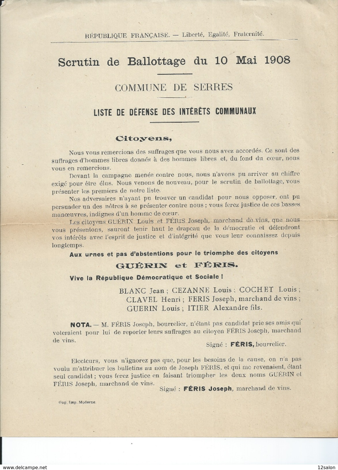 ELECTIONS TRACT  HAUTES ALPES SERRES 1908 - Documents Historiques